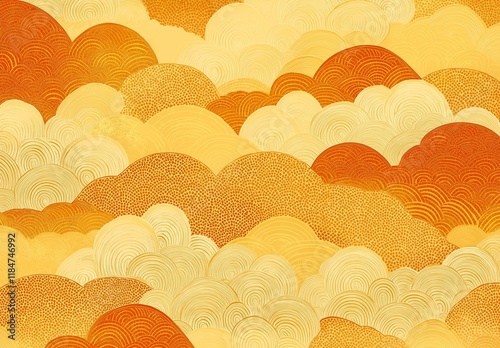 
A pattern of Japanese cloud and sun motifs with an orange gradient background, featuring golden yellow and white waves, traditional decorative elements, traditional colors.
