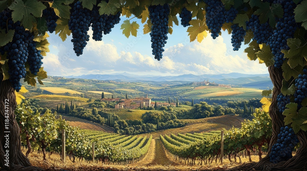 Naklejka premium Golden grapes hanging from vines glowing in the warm sunlight over a tranquil vineyard landscape