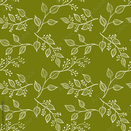 Seamless pattern with white line leaf on a green  background  photo