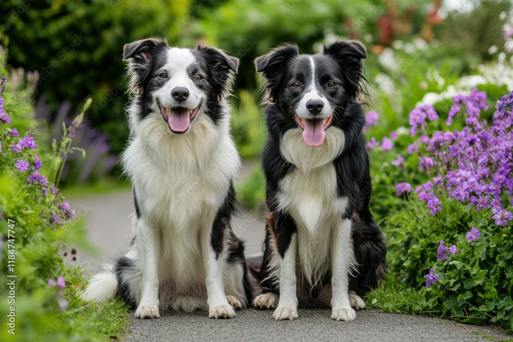 Two cute border collie dogs sitting on the path in a green field with purple flowers, smiling and hugging each other Generative AI Two cute border collie dogs sitting on the path in a green field with purple flowers, smiling and hugging each other Generative AI