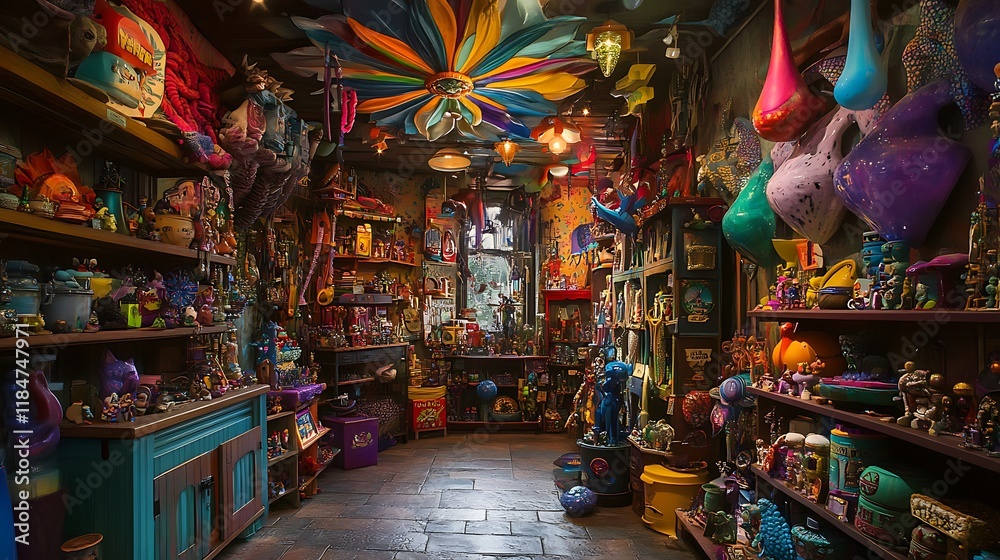 Fototapeta premium Mystical toy store with vibrant colors and whimsical fantasy toys
