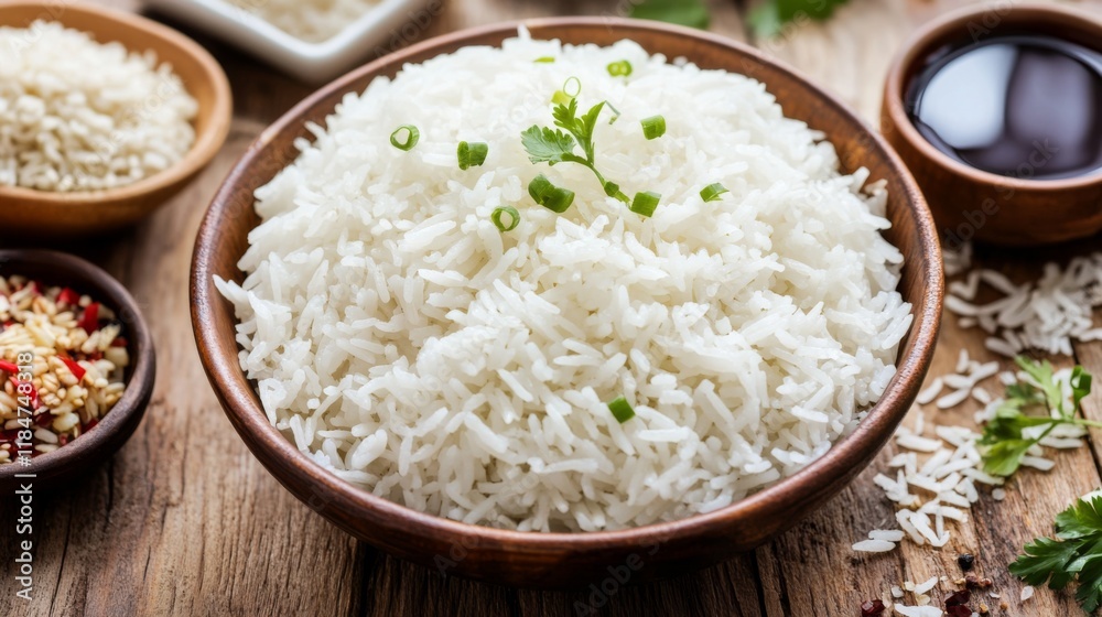 A rustic setting featuring a bowl of hot rice, accompanied by assorted side dishes and a drizzle of soy sauce, all arranged on a wooden surface for a homely feel. A rustic setting featuring a bowl of hot rice, accompanied by assorted side dishes and a drizzle of soy sauce, all arranged on a wooden surface for a homely feel.