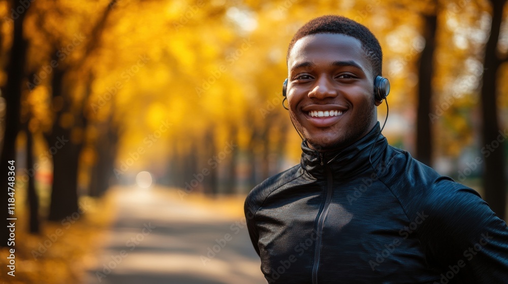 Joyful Young Man Running in Autumn Park Surrounded by Yellow Leaves Joyful Young Man Running in Autumn Park Surrounded by Yellow Leaves