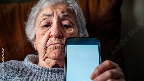 An elderly woman holds a smartphone displaying an app interface, conveying a message related to assistance or connectivity. photo