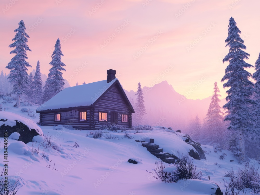 Naklejka premium Winter Cabin Sunset Mountain Landscape Scene