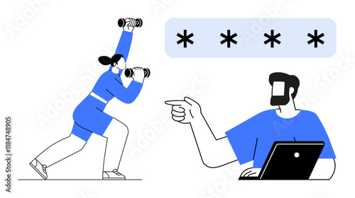 Woman lifting dumbbells while a man works on a laptop and points at a password field with asterisks. Ideal for fitness, technology, online security, multitasking, health, cybersecurity, active