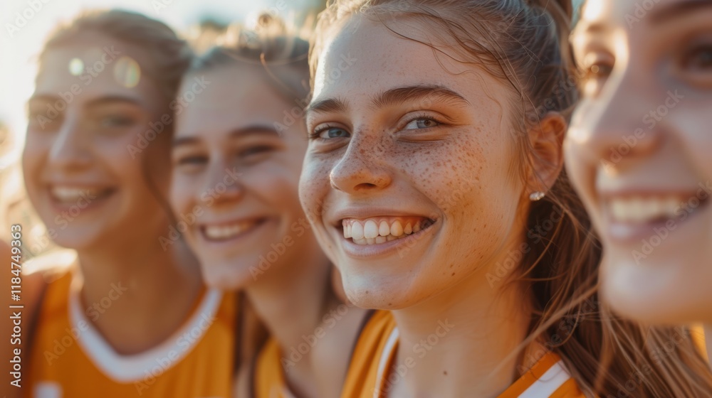 Fototapeta premium Team portrait of smiling girls during a training session, showcasing happiness, diversity, and empowerment in sports through teamwork and solidarity