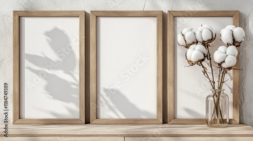 Minimalist Interior with Empty Frames and Cotton Branches on Table