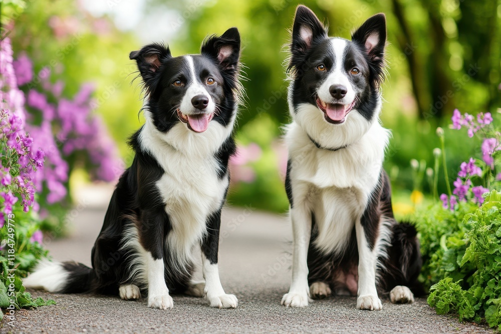 Two happy border collie dogs sitting on the path in a green field with purple flowers, enjoying time together outdoors The concept of love and friendship between animals Generative AI Two happy border collie dogs sitting on the path in a green field with purple flowers, enjoying time together outdoors The concept of love and friendship between animals Generative AI