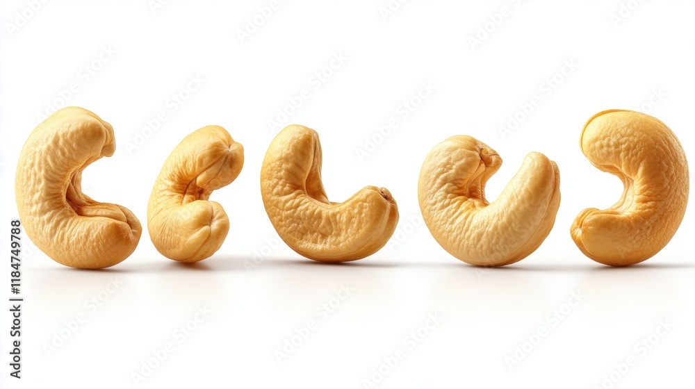 Fototapeta premium Cashew Nuts on White Surface with Varied Shapes and Textures