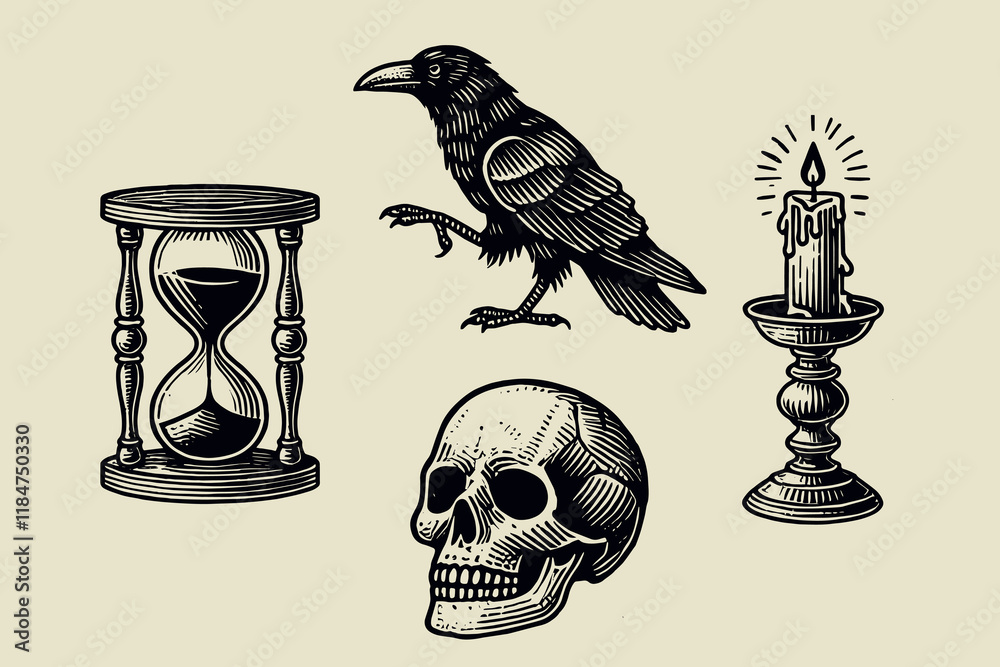 Vintage black-and-white engraving icon set of skull, crow, hourglass, and candle