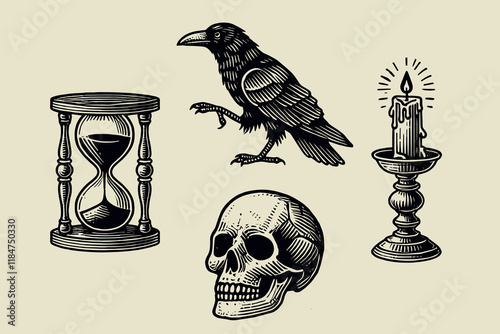 Vintage black-and-white engraving icon set of skull, crow, hourglass, and candle