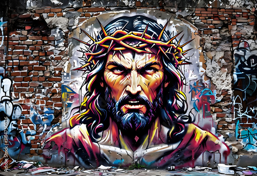 Jesus Christ in a crown of thorns, a formidable judge. Graffiti, street art on a brick wall in a depressed area.