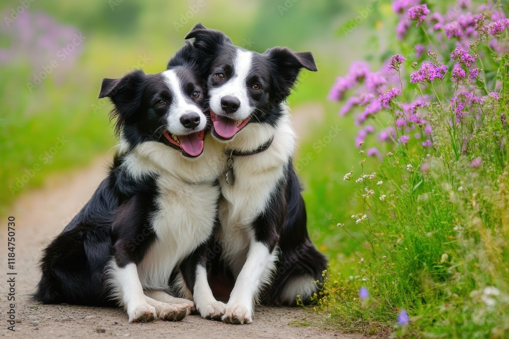 Two happy border collie dogs sitting on the path in a green field with purple flowers One dog is hugging the other's neck Generative AI Two happy border collie dogs sitting on the path in a green field with purple flowers One dog is hugging the other's neck Generative AI