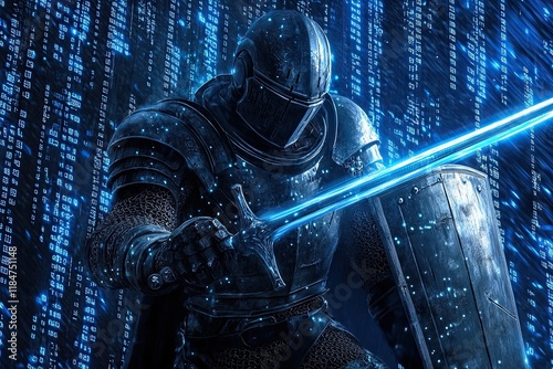 In a creative cybersecurity concept, a medieval knight in armor, holding a sword and shield, steps out of a virtual screen
