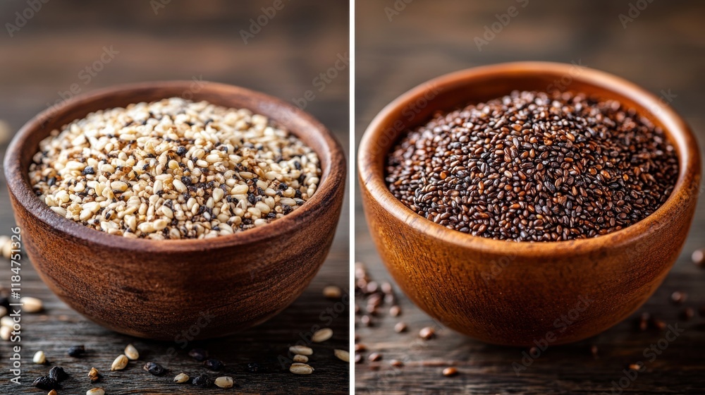 Raw White and Black Sesame Seeds in Wooden Bowls on Wooden Table Raw White and Black Sesame Seeds in Wooden Bowls on Wooden Table