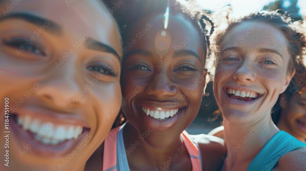 Fototapeta premium Cheerleaders capture a joyful group selfie at a sports event, showcasing teamwork and celebration during practice and social media sharing