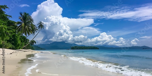 a nice beach with white sand, cloud, palm tree and wave