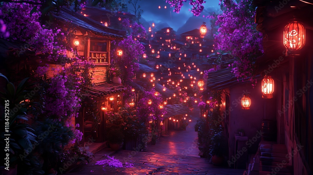 A futuristic village where holographic lanterns illuminate the streets A futuristic village where holographic lanterns illuminate the streets