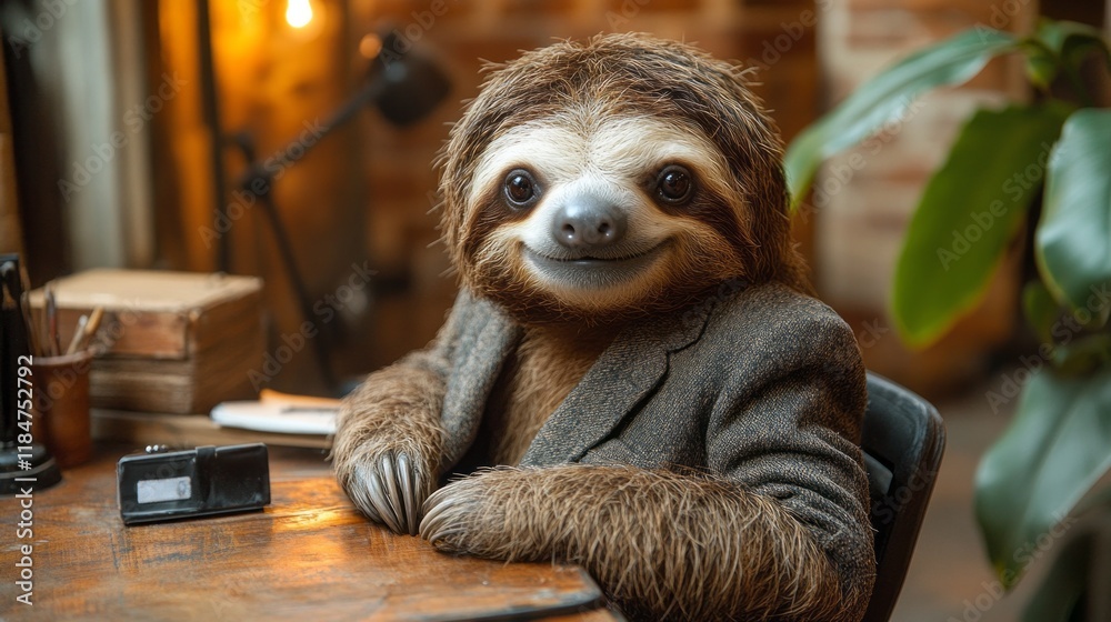 Fototapeta premium A charming sloth is dressed in a tailored suit jacket, leaning comfortably on a rustic desk surrounded by warm ambient lighting and greenery, embodying a laid-back yet sophisticated vibe