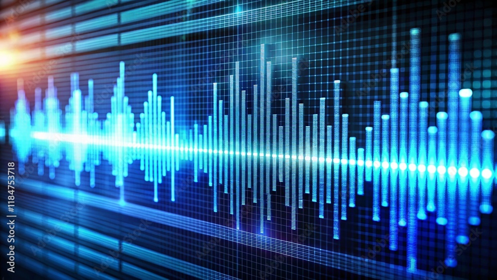 A glowing audio waveform displayed on a digital screen in a recording studio A glowing audio waveform displayed on a digital screen in a recording studio