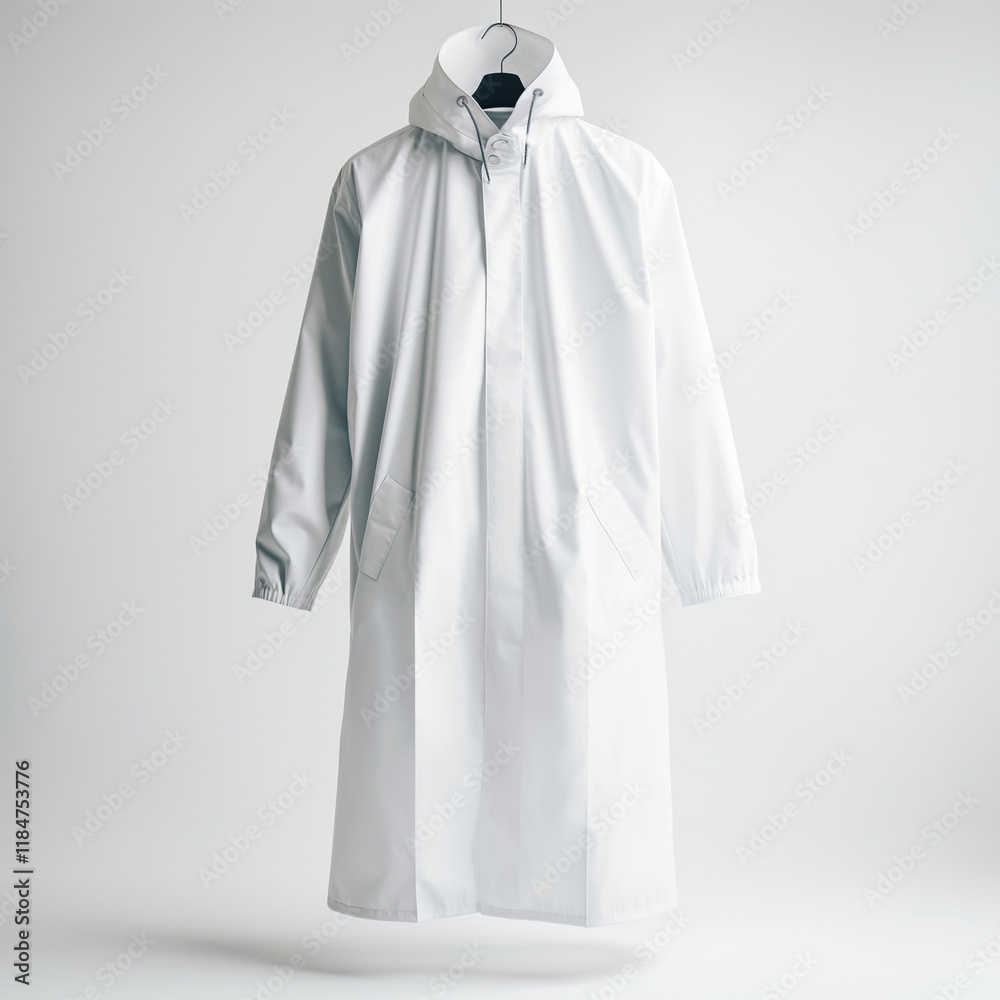 White raincoat mockup hanging on plain background White raincoat mockup hanging on plain background