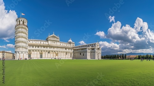 A Large White Building Sitting on Top of a Lush Green Field - Generative AI