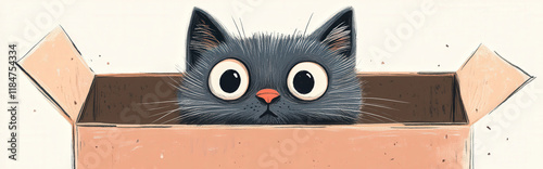 A playful illustration of a cat sitting inside a box, with large, curious eyes and exaggerated whiskers, drawn in a whimsical, child-friendly style
