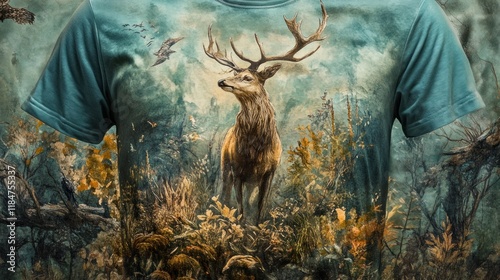 Majestic Stag in Mystical Forest: All-Over Print T-Shirt Design