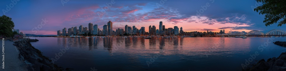 Fototapeta premium City Skyline at Dusk: A breathtaking panoramic view of a modern cityscape bathed in the soft glow of twilight, with the city skyline reflected in the calm water.