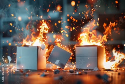 Burning cardboard boxes with flames and sparks in a warehouse setting. Boxes are on fire.