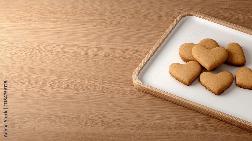 Heart-shaped gingerbread cookies arranged in a wooden tray on a rustic table, perfect for a heartfelt Valentine's Day treat