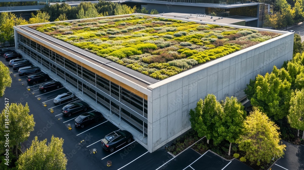 Obraz premium Green roof on concrete building, cars parked below.