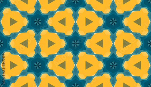 star shaped kaleidoscope pattern with deep blues, dusty yellows and light olive colors and geometric shapes