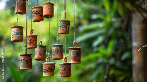 A unique DIY wind chime using terracotta pots of varying sizes, painted with intricate patterns, tied to a central wooden dowel with twine, set against a garden background. photo