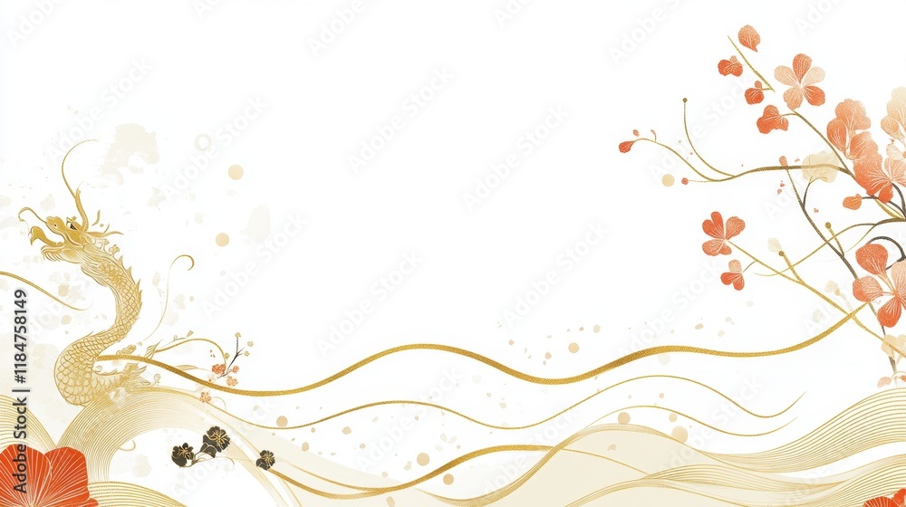 Golden Dragon and Blossom: A delicate and intricate watercolor painting of a golden dragon rising from swirling waves, adorned with vibrant pink blossoms. Golden Dragon and Blossom: A delicate and intricate watercolor painting of a golden dragon rising from swirling waves, adorned with vibrant pink blossoms.
