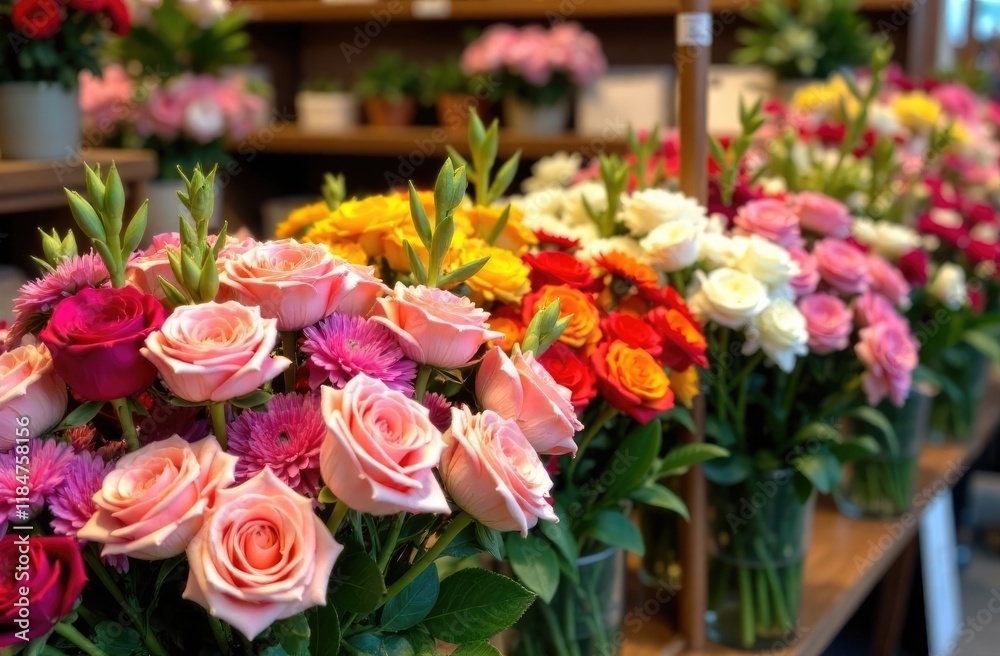 Obraz premium Many bouquets of flowers standing in a row in a flower shop. Women's Day.