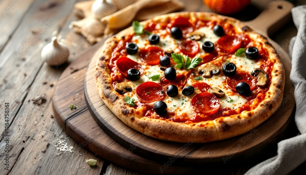 Delicious Pepperoni Pizza with Olives and Mushrooms Delicious Pepperoni Pizza with Olives and Mushrooms