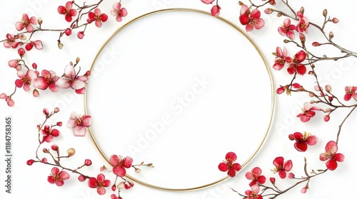 Golden Circle Floral Frame: A delicate arrangement of blooming cherry blossoms encircles a golden circle, creating a beautiful and elegant frame for your designs. perfect for wedding invitations.