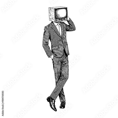 Man with Retro TV Head in Vintage Suit Black and White Outline Line Art Drawing Full Body