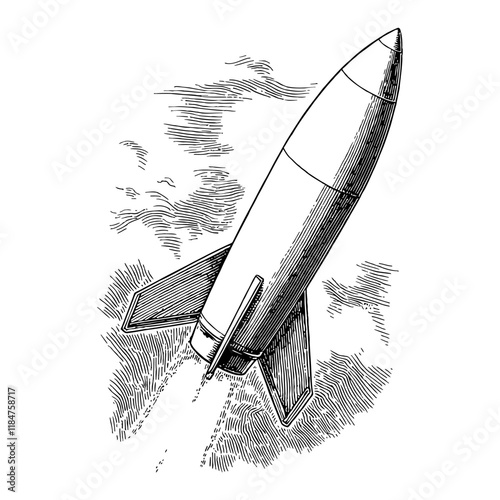 Missile Launching Upward with Smoke Detailed Black and White Outline Line Art Drawing