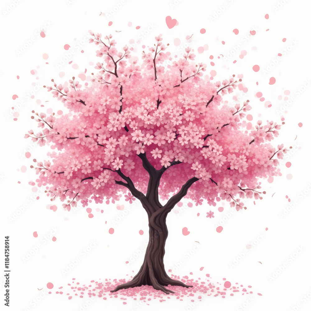 Cherry Blossom Tree with Pink Petals Falling Isolated on a White Background Cherry Blossom Tree with Pink Petals Falling Isolated on a White Background