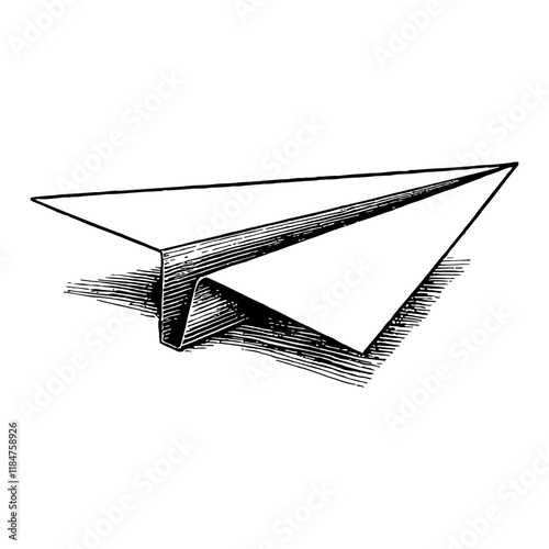Paper Plane Side View Detailed Black and White Outline Line Art Drawing with Shadow