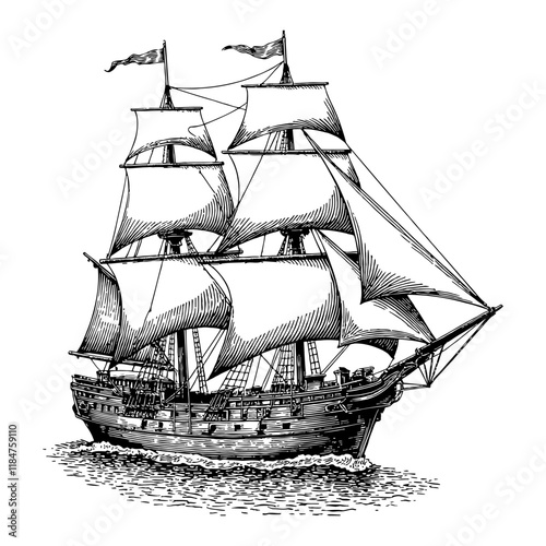 Sailing Ship with Detailed Sails in Black and White Outline Line Art Drawing on Water