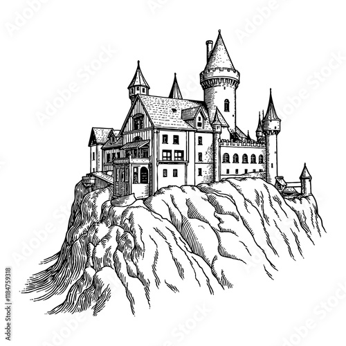 A Detailed Castle Building on Cliff Black and White Outline Line Art Drawing Vector
