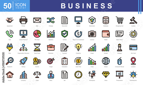 Business user interface icon collection set. Containing evaluation, crisis, success, boss, financial analysis, growth, statistics icon. Simple vectors illustration.