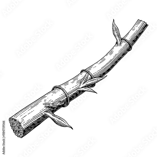 Sugar Cane Stem with Leaves Black and White Outline Line Art Drawing Detailed Illustration