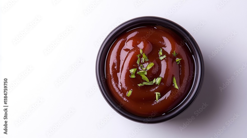 Freshly Made Tomato Sauce with Herbs in Black Bowl on White Background Freshly Made Tomato Sauce with Herbs in Black Bowl on White Background