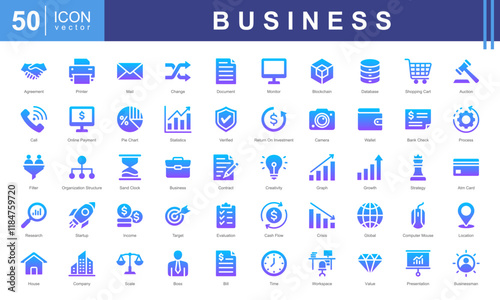 Business user interface icon collection set. Containing evaluation, crisis, success, boss, financial analysis, growth, statistics icon. Simple vectors illustration.