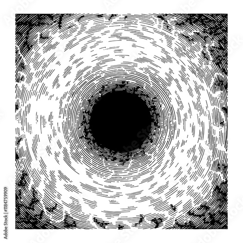 Abstract Black Hole Concentric Circles Pattern in Black and White Outline Line Art Drawing